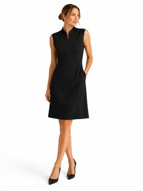 Elie Tahari Black Zip Front Midi Dress Mesh Trim Sleeveless Sz 6